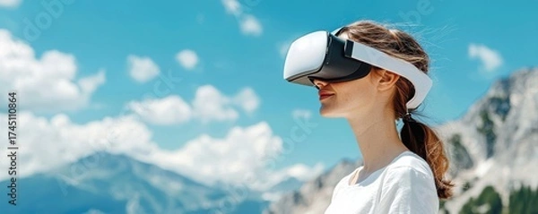Fototapeta A woman wearing a VR headset stands outdoors against a scenic mountainous backdrop, enjoying a virtual experience under a bright blue sky.