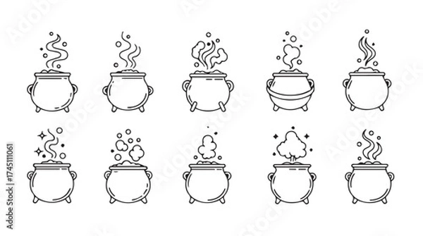 Fototapeta Collection of hand-drawn magical cauldrons with bubbling potions and sparkles for witchcraft and halloween themes vector