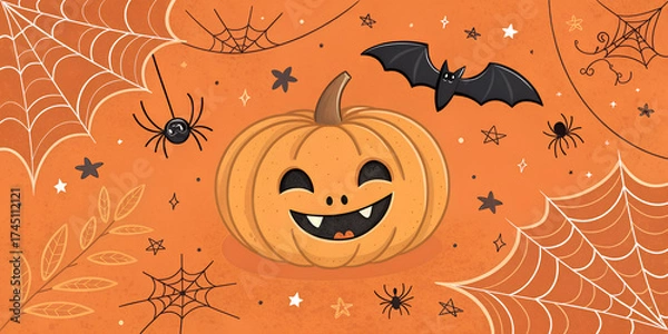 Fototapeta Bright Happy Halloween banner with a smiling pumpkin face, bats, spiders, and spider webs on a vivid orange background. Fun and spooky design perfect for Halloween posters, flyers, invitations, and di