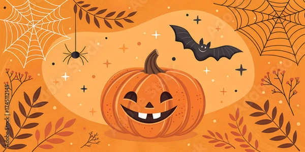 Fototapeta Bright Happy Halloween banner with a smiling pumpkin face, bats, spiders, and spider webs on a vivid orange background. Fun and spooky design perfect for Halloween posters, flyers, invitations, and di