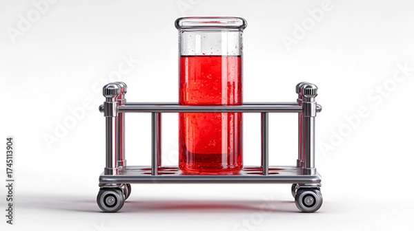 Fototapeta a 3D rendered image featuring two pieces of lab glassware on a small, wheeled metal rack against a pure white background