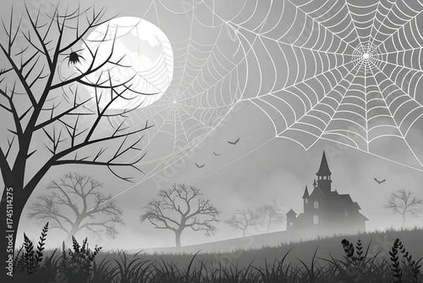 Fototapeta A spooky and festive Halloween party background featuring detailed spiderwebs arranged around blank central space for text or design elements. The transparent PNG texture makes it perfect for overlays