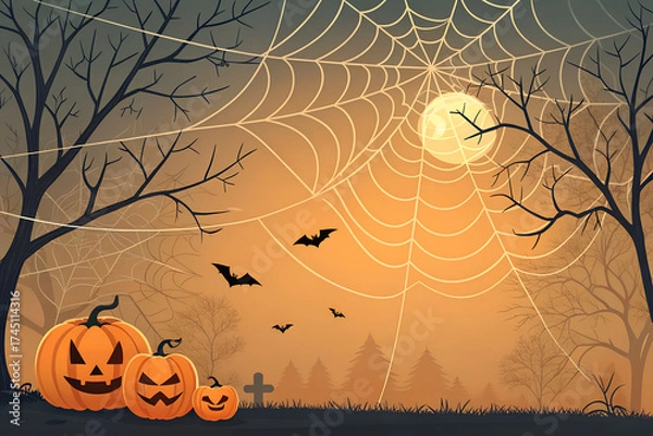 Fototapeta A spooky and festive Halloween party background featuring detailed spiderwebs arranged around blank central space for text or design elements. The transparent PNG texture makes it perfect for overlays