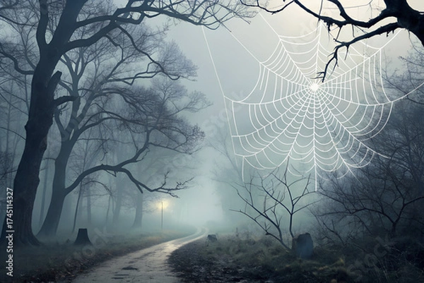 Fototapeta A spooky and festive Halloween party background featuring detailed spiderwebs arranged around blank central space for text or design elements. The transparent PNG texture makes it perfect for overlays