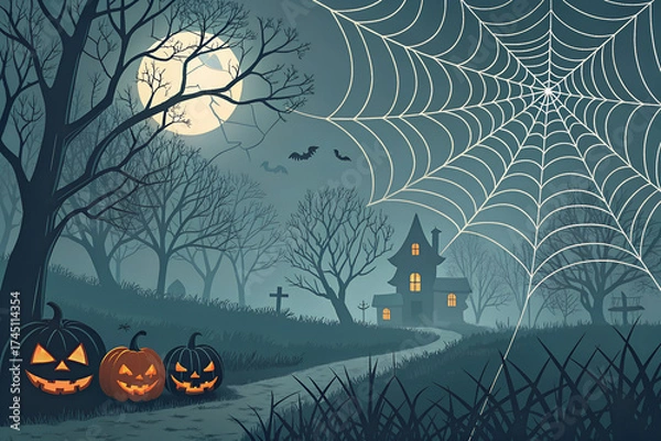 Fototapeta A spooky and festive Halloween party background featuring detailed spiderwebs arranged around blank central space for text or design elements. The transparent PNG texture makes it perfect for overlays