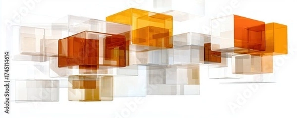 Fototapeta Abstract composition featuring transparent and colored cubes in orange and brown hues, creating a modern, artistic visual effect.