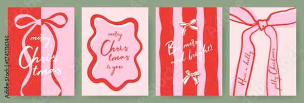 Fototapeta Set of Merry Christmas greeting cards. Trendy retro Christmas design with hand drawn frame, bows, stripes and Christmas wishes with trendy typography. Christmas art banner, poster, cover templates.