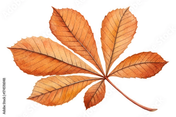 Fototapeta Watercolor illustration of an autumn chestnut leaf with five orange-brown leaflets. The leaf shows delicate veins and natural texture, painted in a warm seasonal palette. Perfect for fall-themed desig