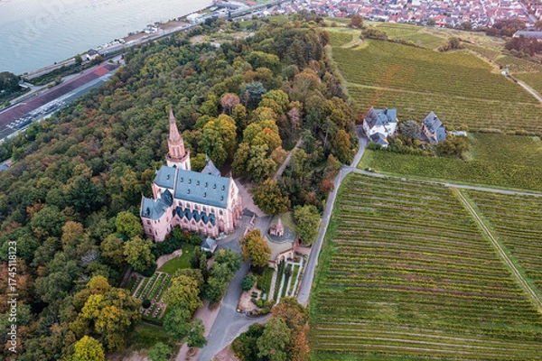 Fototapeta Aerial view of the Rochus Chapel near Bingen early in the morning at sunrise