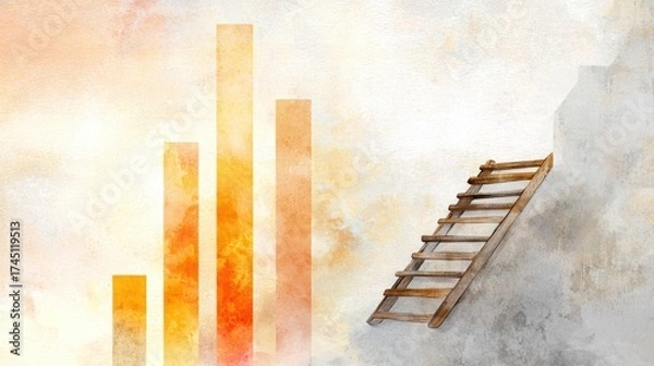 Fototapeta A ladder leans against a wall beside rising bar graphs, symbolizing growth and the journey toward success in a minimalistic, artistic style.
