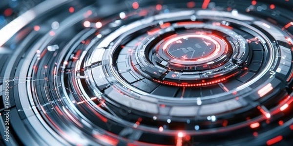 Fototapeta A futuristic, circular design featuring intricate patterns and glowing red accents, resembling advanced technology or digital interfaces.