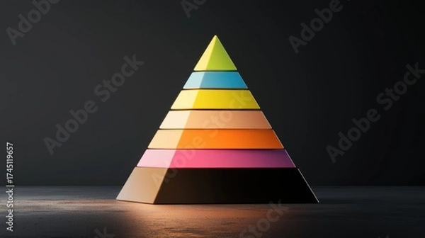 Fototapeta A colorful pyramid structure with layered segments, set against a dark background, creating a striking visual contrast.