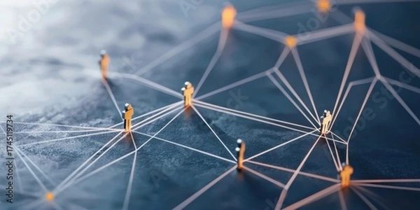 Fototapeta A digital illustration depicting interconnected nodes and figures, symbolizing networking, collaboration, and communication.