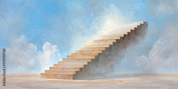 Fototapeta A surreal staircase ascends into a cloudy sky, symbolizing aspiration and the journey toward higher goals in an ethereal landscape.