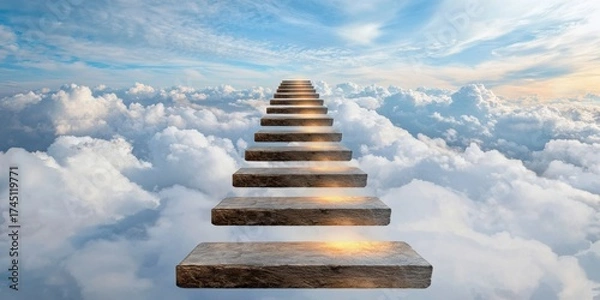 Fototapeta A surreal image depicting a stone staircase ascending through fluffy clouds under a bright sky, evoking a sense of wonder and possibility.