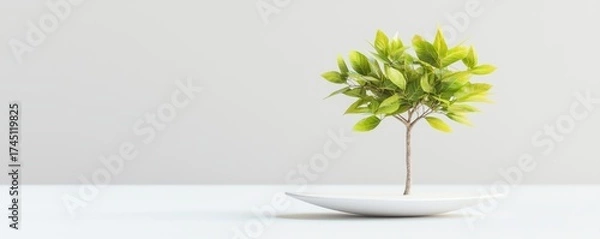 Fototapeta A small, vibrant green tree is displayed on a white plate against a minimalistic background, emphasizing simplicity and nature.