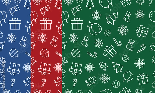 Fototapeta Set of white Christmas patterns on green, red, and blue backgrounds. Seamless vector design for backgrounds, wallpaper, packaging, and textiles.