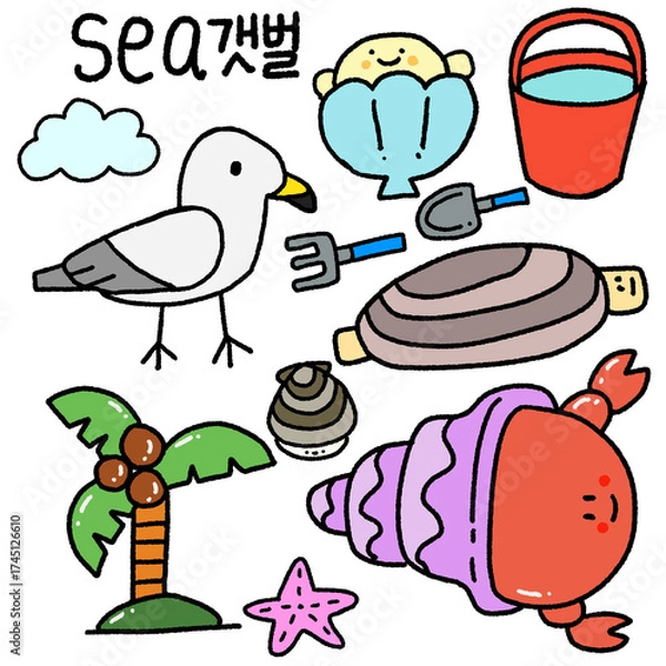 Obraz 갯벌 바다 갈매기 조개 소라 야자수 구름 삽 양동이 
