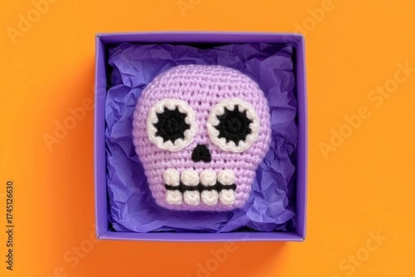 Fototapeta Top view of crochet Día de los Muertos skull in purple box with crumpled paper on orange background