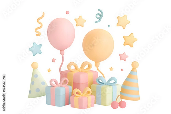 Obraz Festive birthday celebration with pastel gifts balloons and party hats isolated on transparent background
