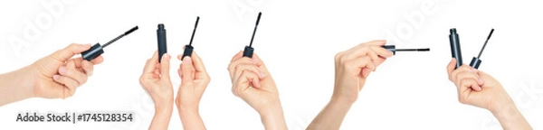 Fototapeta Set of human hands holding eyelash mascara and brush isolated on transparent background.