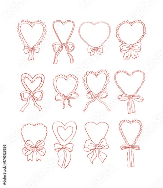 Obraz Set of hand drawn hearts, bows and ribbons. Valentines day illustrations.