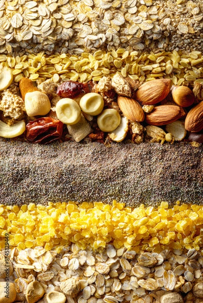 Obraz Cereal layers showcase health benefits in a vibrant collage of natural grains and nuts in rustic tones