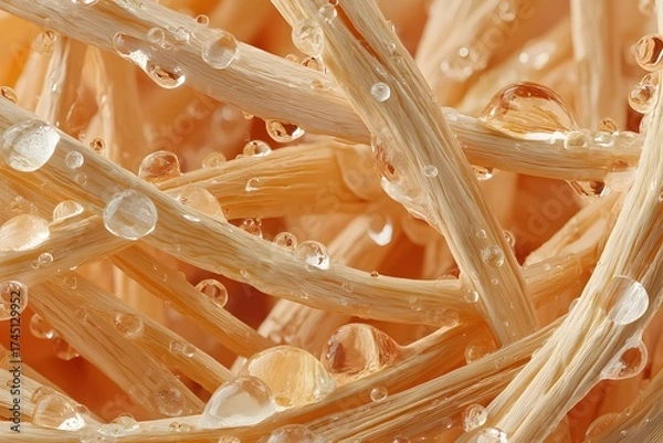 Fototapeta Bunch of straws with water droplets on them. The droplets are scattered all over the straws, creating a sense of movement and energy. Scene is lively and dynamic
