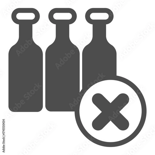 Fototapeta Three glass bottles ban solid icon, recycling concept. Vector graphics. Bottles with close button, forbidden item sign on white background, glyph style icon for mobile or web design.