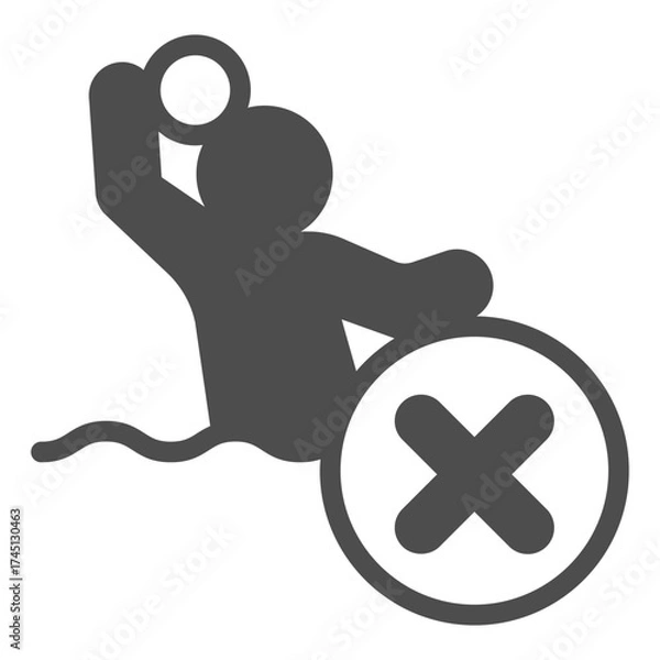 Fototapeta Man with ball in water ban solid icon, water sport concept. Vector graphics. Player with close button, forbidden item sign on white background, glyph style icon for mobile or web design.