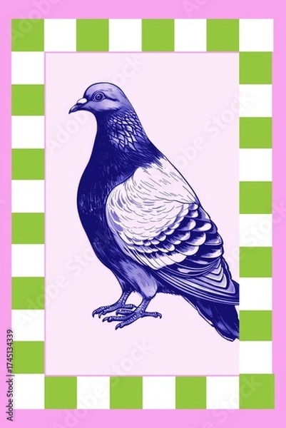 Fototapeta Vintage bird vintage poster with pastel checkered frame, retro hand drawn style for decor prints, cards, and art collectors.