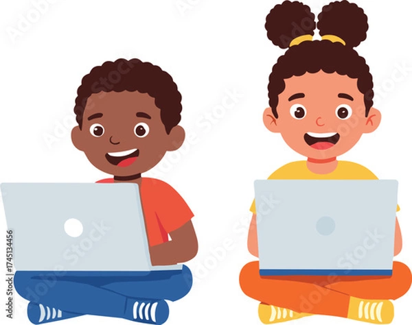Obraz Children using laptops, cartoon illustration, digital learning, modern education, online study, playful technology, happy kids, e-learning concept, childhood creativity, tech lifestyle,