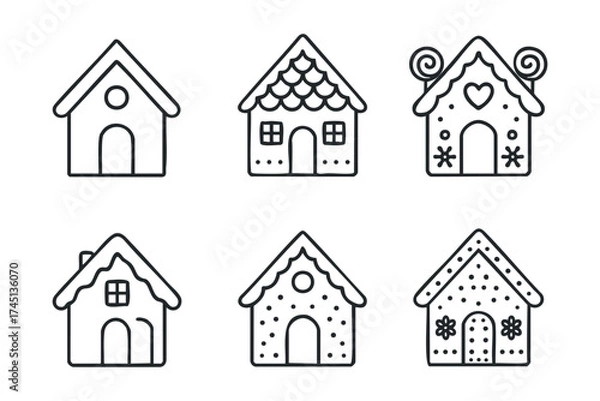 Fototapeta Whimsical gingerbread houses for festive decoration ideas and crafts. Set of 6 black Christmas icons