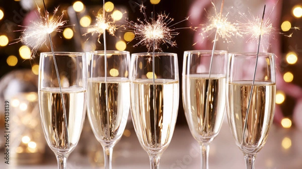 Fototapeta Sparkling champagne flutes with festive sparklers, illuminated by soft bokeh lights, create a celebratory atmosphere perfect for special occasions and joyful gatherings