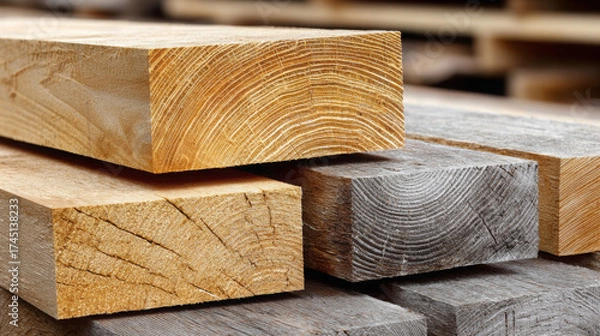 Fototapeta Close-up view of stacked wooden planks showcasing various textures and colors, highlighting the natural beauty and craftsmanship of timber in a workshop environment