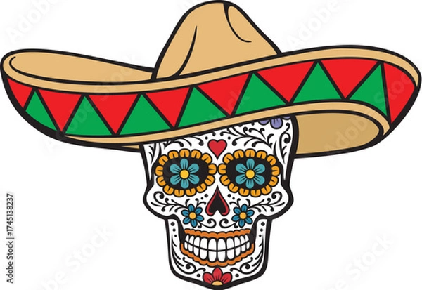 Fototapeta Dey of Dead Skull with Sombrero Hat Color. Vector Illustration.