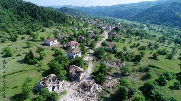 Fototapeta Aerial view of a rural village with collapsed houses after earthquake, surrounded by lush greenery and distant mountains