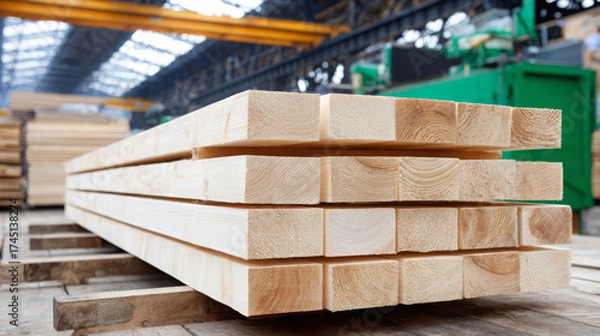 Fototapeta Stacked wooden planks in a lumber yard, showcasing the natural grain and texture of the wood, with industrial machinery and beams in the background, representing craftsmanship and construction