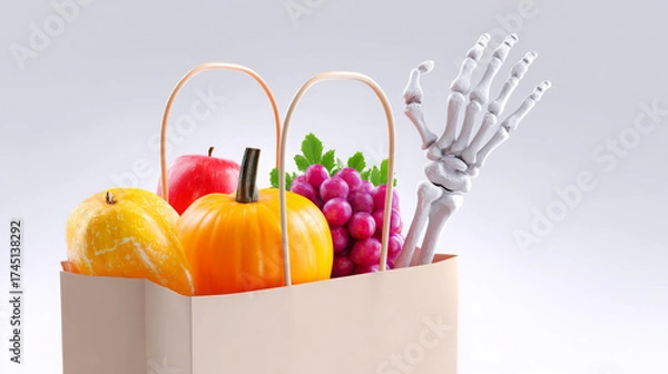 Fototapeta Colorful shopping bag filled with fresh fruits including apples, grapes, pumpkin, and a skeleton hand, creating a whimsical and playful autumn harvest scene