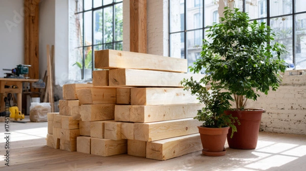 Fototapeta Stacked wooden planks in a bright workshop with large windows, accompanied by potted plants, showcasing a blend of natural materials and a creative workspace atmosphere