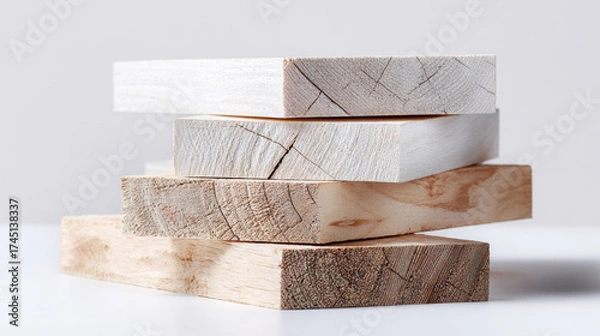 Fototapeta Stacked wooden planks of various textures and colors, showcasing natural grain patterns, arranged artistically on a clean surface, ideal for design and construction projects
