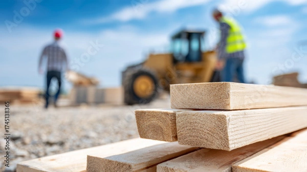 Fototapeta Construction site featuring stacked wooden planks in foreground, with blurred workers in safety gear and heavy machinery in background, illustrating teamwork and building process