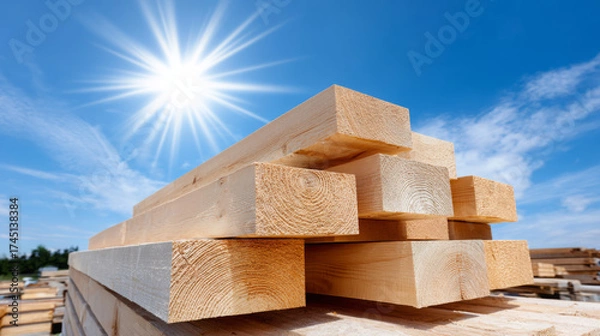 Fototapeta Stacked wooden planks under bright sunlight against a clear blue sky, showcasing natural textures and patterns, ideal for construction and woodworking projects
