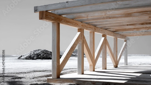 Fototapeta Wooden structure with geometric supports stands on a sandy beach, showcasing modern architecture and natural elements, creating a serene coastal atmosphere