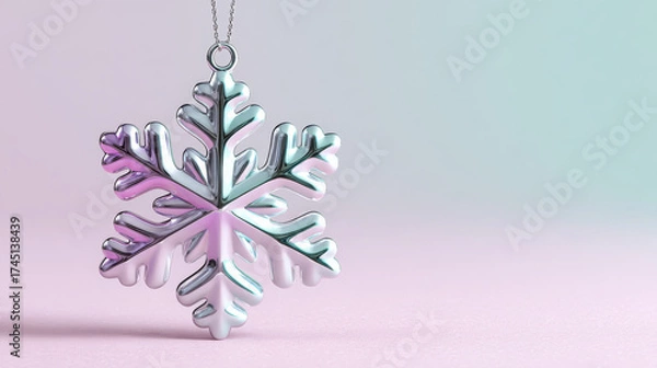Fototapeta Shiny metallic snowflake ornament hanging against a soft pastel background, showcasing intricate details and reflecting light, perfect for winter holiday decorations and seasonal celebrations