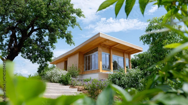 Fototapeta Modern wooden house surrounded by lush greenery, featuring large windows and a unique architectural design, showcasing harmony with nature and contemporary living