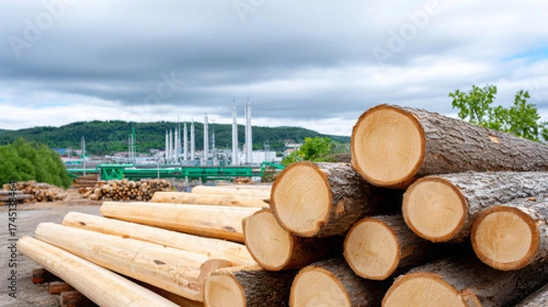 Fototapeta Stacked logs of various sizes, showcasing natural wood textures, in a lumber yard with industrial structures and greenery in the background, representing timber industry and sustainability