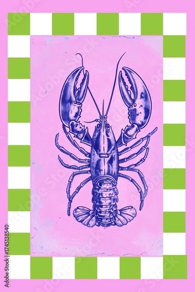 Fototapeta Vintage lobster vintage illustration with pastel checkered frame, retro hand drawn style for decor, prints, cards, and art collectors.