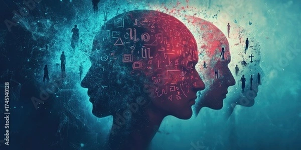 Fototapeta Double exposure silhouette heads with numbers and abstract mind concept ADHD