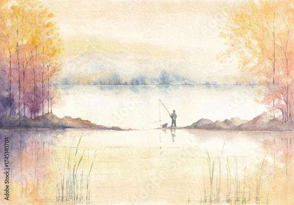 Fototapeta Rural nature landscape man fishing with dog beautiful autumn evening with trees on the lake Watercolor painting